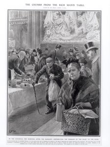 Die Krümel vom Tisch des Reichen: Verteilung der Reste des Festes an die Armen in der Guildhall am Morgen nach dem Bankett, 1908 von Samuel Begg